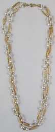 Signed TRIFARI, Vintage Double Chain NECKLACE, Faux PEARLS Accents, Filigree Design, Gold Tone Base Metal