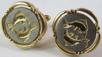 Vintage CUFF LINKS, Intricate Incised PISCES FISH Design, Bimetal Gold & Silver Tone Base Metal Construction