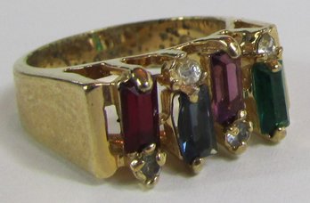 Contemporary Finger Ring, Faceted Multicolor Stones, Gold Tone Base Metal Setting, Approximate Size 4.5