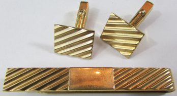 Signed SWANK, Vintage TIE BAR & CUFF LINK Set, Rectangular RIBBED Design, Gold Filled Base Metal Construction