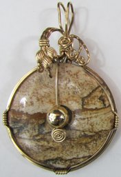 Vintage DROP Pendant, Handcrafted STONE DISC Design, Gold Tone Base Metal Construction, Ready For Your Chain