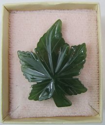 Vintage Brooch Pin, MAPLE LEAF Design, Carved Jade Green, Pin Backing