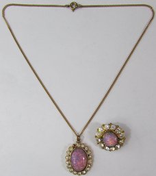 Vintage Necklace & Pin Set, Multicolor Faux OPAL Cabochon Accent, Rhinestones, Gold Tone Base Metal Settings