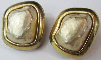 Signed CINER, Vintage PAIR CLIP EARRINGS, Faux Mother Of Pearl Accents, Gold Tone Base Metal Settings