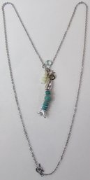 Contemporary CHAIN Necklace, FISHY Design Floating Drop Pendants, BEAD Accents, Silver Tone Base Metal, Clasp