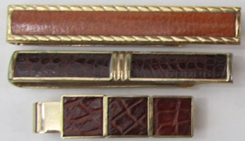 Lot Of 3! Vintage TIE BARS, Includes SWANK & DeCARA Brands, Leatherette Accents, Gold Tone Base Metal