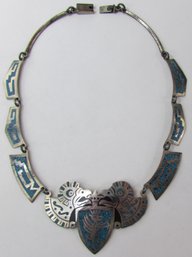 Signed, Vintage Link Necklace, SHIELD Design, TURQUOISE Mosaic Accents, Sterling .925 Silver, MEXICO