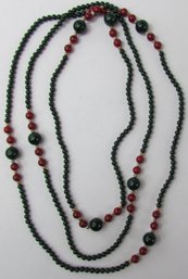 Vintage Single STRAND NECKLACE, Lightweight Green & Red Beads, Approx 56' Length, Slip Over Style