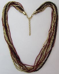 Vintage Multistrand NECKLACE, RED & GOLD Glass Beads, Gold Tone Base Metal Clasp Closure