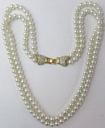 Vintage Double Strand Necklace, Faux Pearls, Gold Tone Base Metal Clasp Closure, Rhinestones, Approx 24'