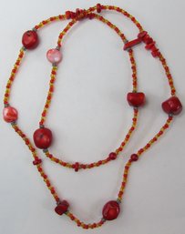 Vintage Single STRAND NECKLACE, Bright Red Yellow Orange Beads, Approx 40' Length, Slip Over Style