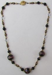 Vintage Single STRAND NECKLACE, Floral Decorated GLASS & Gold Tone Beads, Clasp Closure