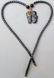 Vintage Single Strand NECKLACE, Drop LUCKY ELEPHANT Pendant, Black HEMATITE & Accent Beads, Barrel Closure