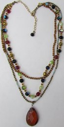 Vintage Triple STRAND NECKLACE, Multicolor BEADS, Teardrop Pendant, Approx 18' Length, Clasp Closure