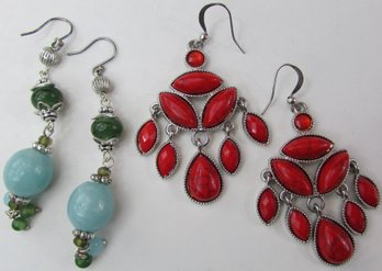 Set Of 2 Pairs! Lightweight Pierced EARRINGS, Loop Backings, Dangle Designs, Silver Tone Base Metal, Costum3