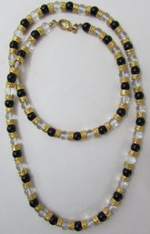 Vintage Single Strand Necklace, Yellow & Clear Beads, Gold Tone Base Metal Rondelles, Clasp Closure