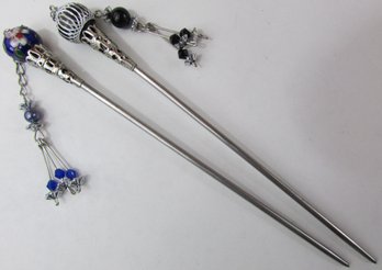 LOT Of 2! Contemporary HAIR STICKS, Floral Clooisonne Style Decoration & Solid Beads, Silver Tone Base Metal