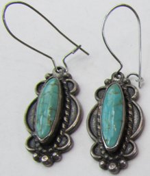 Vintage PAIR Pierced EARRINGS, Turquoise Dangle Design, Loop Backings, Sterling .925 Silver Settings