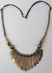 Vintage Cord Necklace, Tribal FRINGE Style Design, Tricolor Base Metal, Functional Clasp Closure