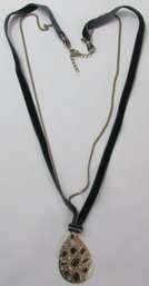 Contemporary Multistrand Necklace, Velvet Ribbon & Chain Teardrop Shape Pendant, Rhinestone Accents, Clasp