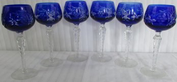 SET Of 6! Vintage BOHEMIAN Glass, Tall HOCK WINE Glasses, COBALT BLUE Overlay Cut Design, Appx 8' Tall