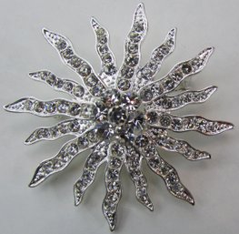 Contemporary BROOCH PIN, Intricate Starburst Design, Rhinestone Accents, Silver Tone Base Metal Setting