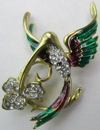 Vintage BROOCH PIN, Colorful HUMMINGBIRD Design, Rhinestone Accents, Gold Tone Base Metal Setting