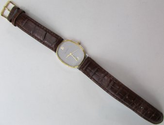 Signed MAURICE LACROIX Brand, Quartz Movement WRISTWATCH, OVAL Face, Gold Tone Base Metal Bezel, Leather Band