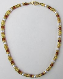 Vintage Single Strand Necklace, Root-beer Brown & Yellow Beads, Gold Tone Base Metal Rondelles, Clasp Closure