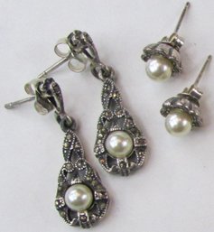 Lot Of 2 Pairs! Vintage Pierced EARRINGS, Faux Pearl Accents, Post Backings, Sterling .925 Silver Settings