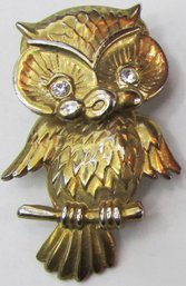 Vintage Brooch Pin, Animated Hinged WISE OWL Design, Rhinestone Eyes, Gold Tone Base Metal Setting