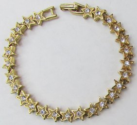 Vintage Link BRACELET, STARS Design, Crystal Clear Rhinestones, Gold Tone Base Metal, Clasp Closure