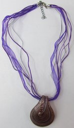 Handmade ARTISAN Necklace, CORD & Organza Ribbon Style With ART GLASS Pendant, Clasp Closure