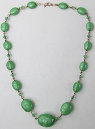 Vintage Single STRAND NECKLACE, Swirl GREEN GLASS & Gold Accent Beads, Approx 16' Length, Clasp Closure