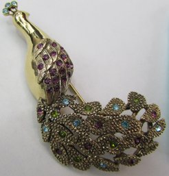 Vintage BROOCH PIN, Colorful PEACOCK Design, Multicolor Rhinestones Accents, Gold Tone Base Metal Setting