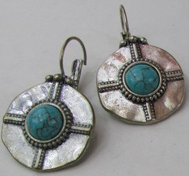 Contemporary PAIR Pierced EARRINGS, Faux Turquoise Drop Design, Loop Backings, Silver Tone Base Metal