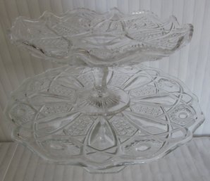 Set Of 2! Vintage Cake Stands, Pressed Glass Snowflake Pattern, Pedestal Base, Largest Appx 11.5' Diameter