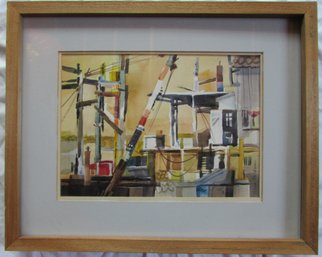 Signed ELOISE GARDINER, Original Watercolor On Paper, Multicolor SHIPYARD, Approx 21.5' X 17,' Framed