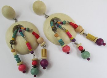 Contemporary PAIR Pierced DANGLE Earrings, Multicolor Wood Bead Design, Post Backings