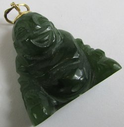 Vintage Drop PENDANT, Carved BUDDAH Design, GREEN JADE Color, Gold Tone Base Metal Carrier Loop