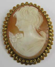 Antique Victorian Style PORTRAIT Brooch Pin PENDANT, Carved CAMEO Insert, Gold Tone Base Metal Roped Frame