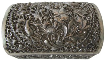 Vintage ASIAN Inspired JEWELRY TRINKET BOX, Floral & Bird Designs, Silver Tone Metal, Approx 5' Wide