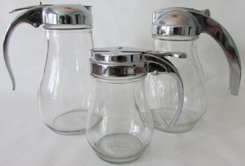Set Of 3! Vintage SYRUP PITCHERS, Mechanical METAL Handles, Approx 6' Tall