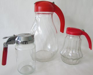 Set Of 3! Vintage SYRUP PITCHERS, 60s DINER STYLE, Mechanical Handles, Largest Approx 9' Tall