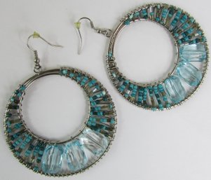 Contemporary PAIR Pierced DANGLE Earrings, Giant Hoops, Aqua Beads, Silver Tone Base Metal, Post Backings