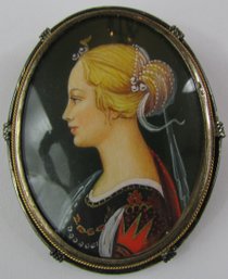 Victorian Style Brooch Pin PENDANT, Multicolor PORTRAIT Insert, .800 Silver Setting