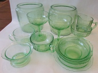 Lot Of 12 Pieces! Vintage URANIUM Depression Glass, Patterned Designs, Green Color