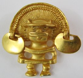 Vintage Brooch Pin, Mayan BAT GOD Design, Gold Tone Base Metal Setting