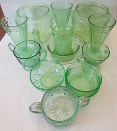 Lot Of 14 Pieces! Vintage URANIUM Depression Glass, Miscellaneous Designs, Green Color