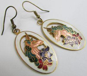 Contemporary PAIR Pierced DANGLE Earrings, Multicolor UNICORN Design, Gold Tone Base Metal, Loop Backings